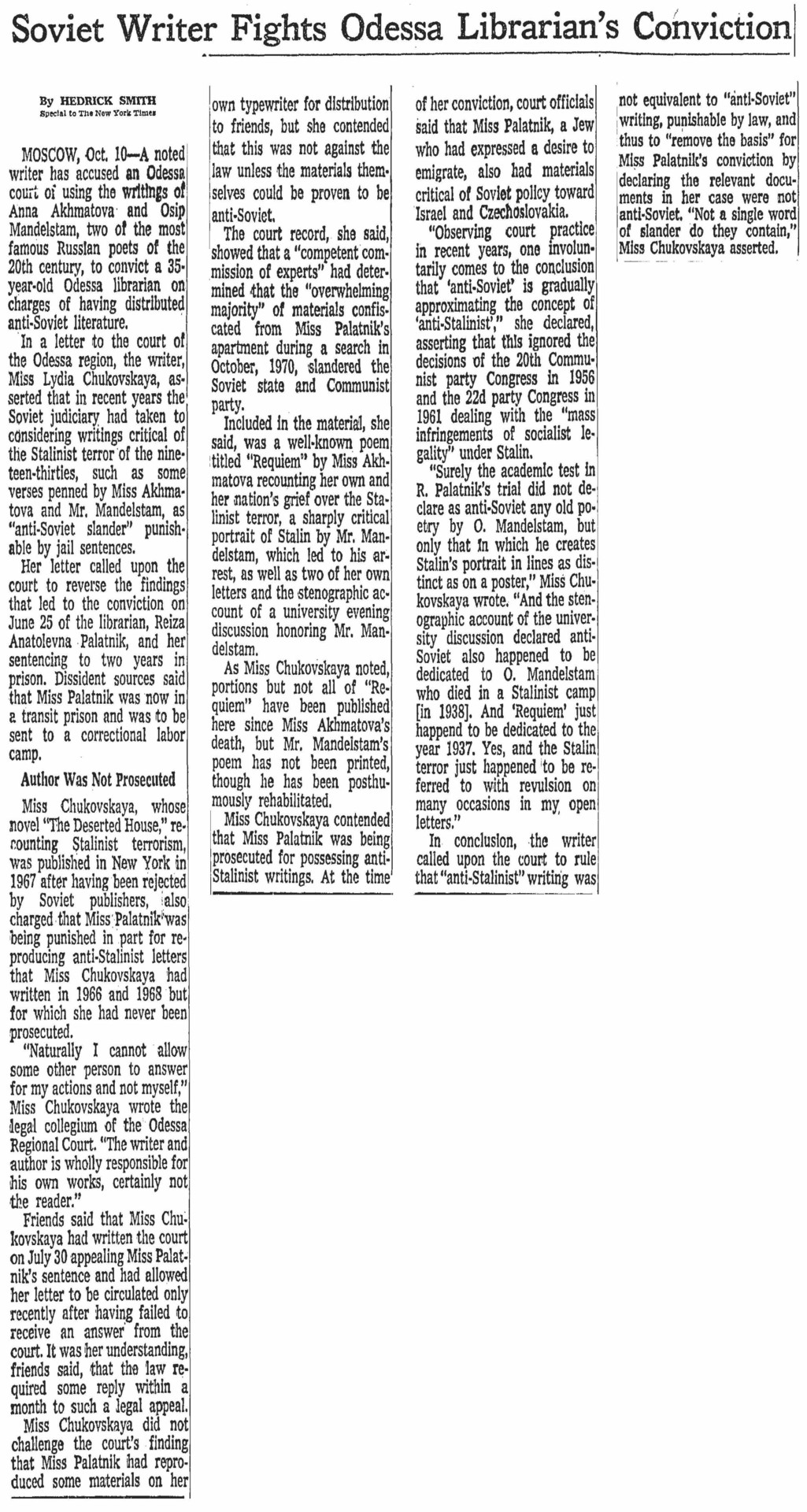 Hedrick Smith. Soviet Writer Fights Odessa Librarian's Conviction