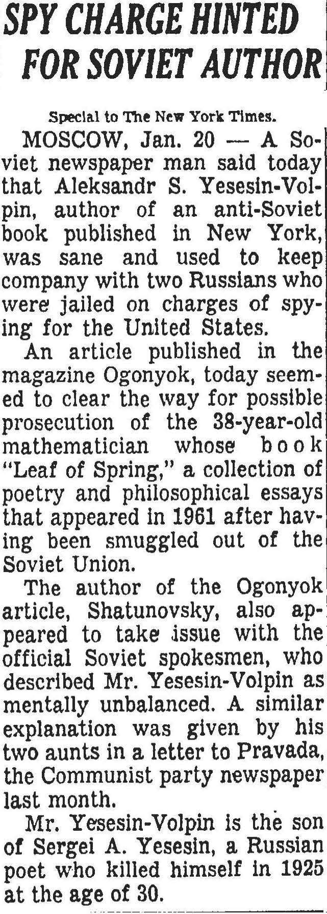 Spy Charge Hinted for Soviet Author